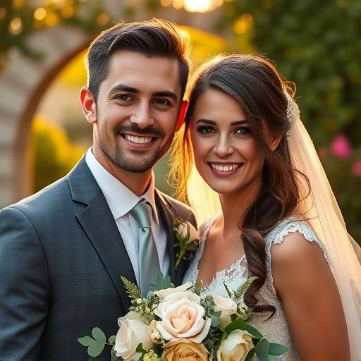 Exemplo de fotografia de casamento com noivos sorrindo em um jardim.