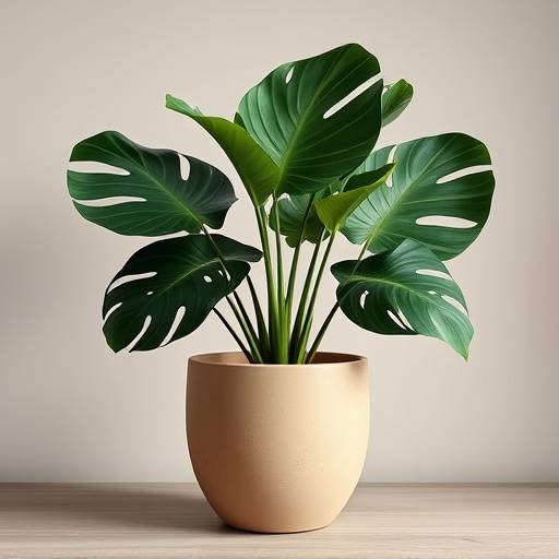 Planta Monstera Deliciosa com folhas grandes e recortadas em um vaso de cerâmica bege.