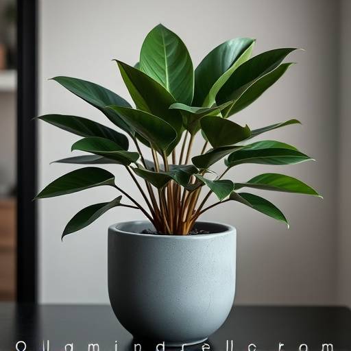 Planta Zamioculcas Zamiifolia exibindo suas folhas verde-escuras brilhantes em um vaso minimalista cinza.
