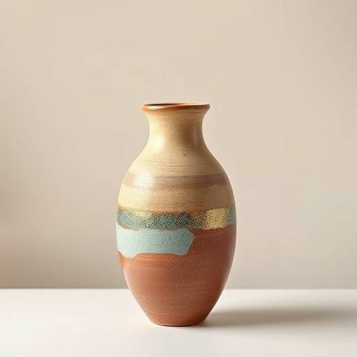 Vaso de cerâmica artesanal com design moderno em tons terrosos.